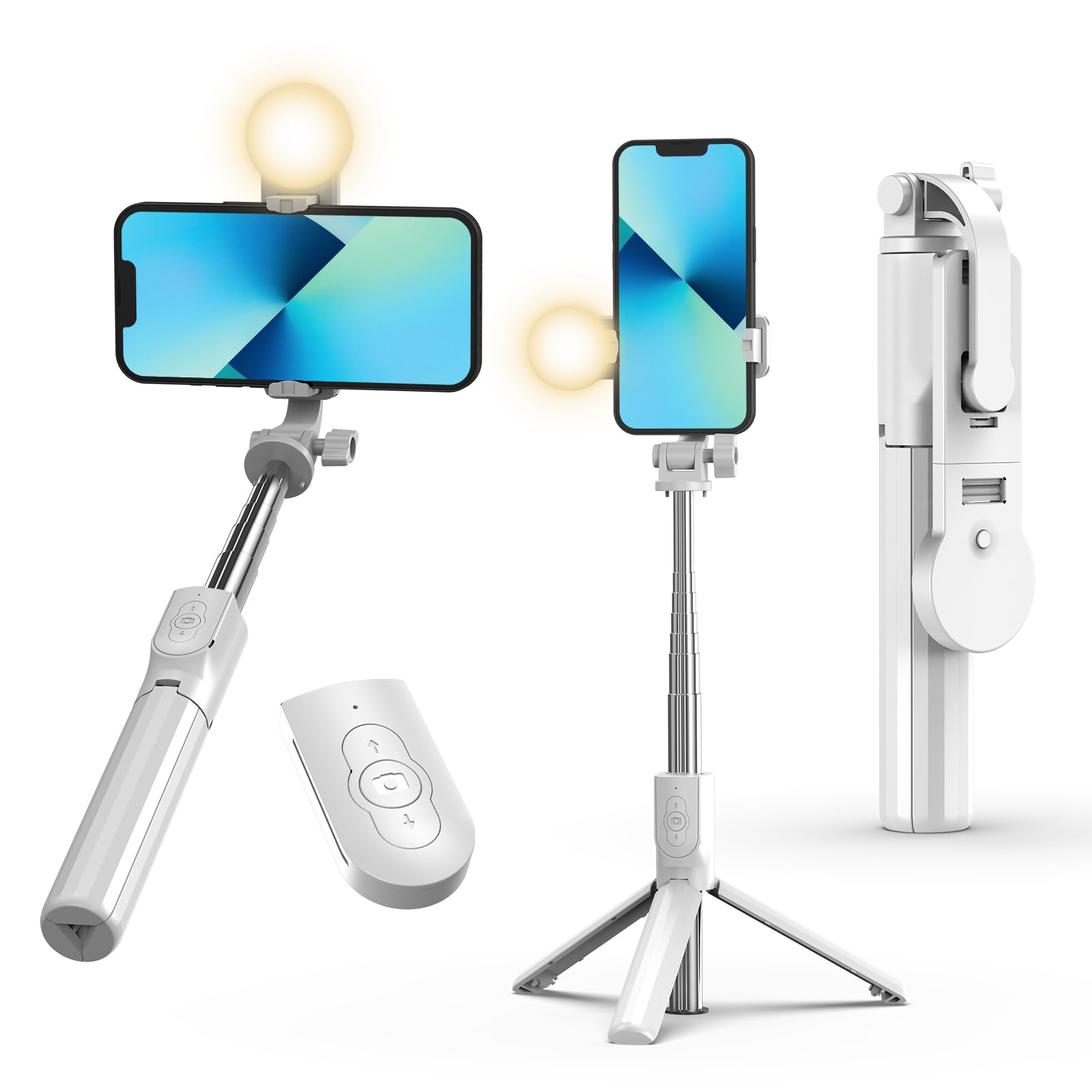 IEVICRE 43 Selfie Stick Tripod Extendable Selfie Stick with Light Wireless Remote Bluetooth Selfie Stick for iPhone 15 14 13 Pro Max and More Smartphones White