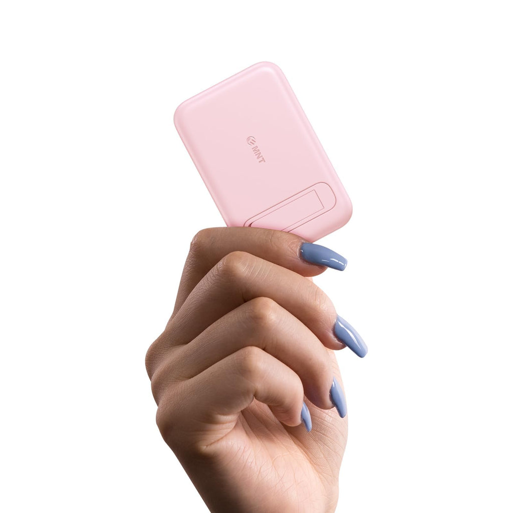 EMNT Mini Magnetic Portable Charger 5200mAh External Battery Pack with Built-in Cable and Foldable Stand Power Bank for iPhone 14/13/12/11 Pro/Pro Max/Plus/Mini/AirPods （Pink）