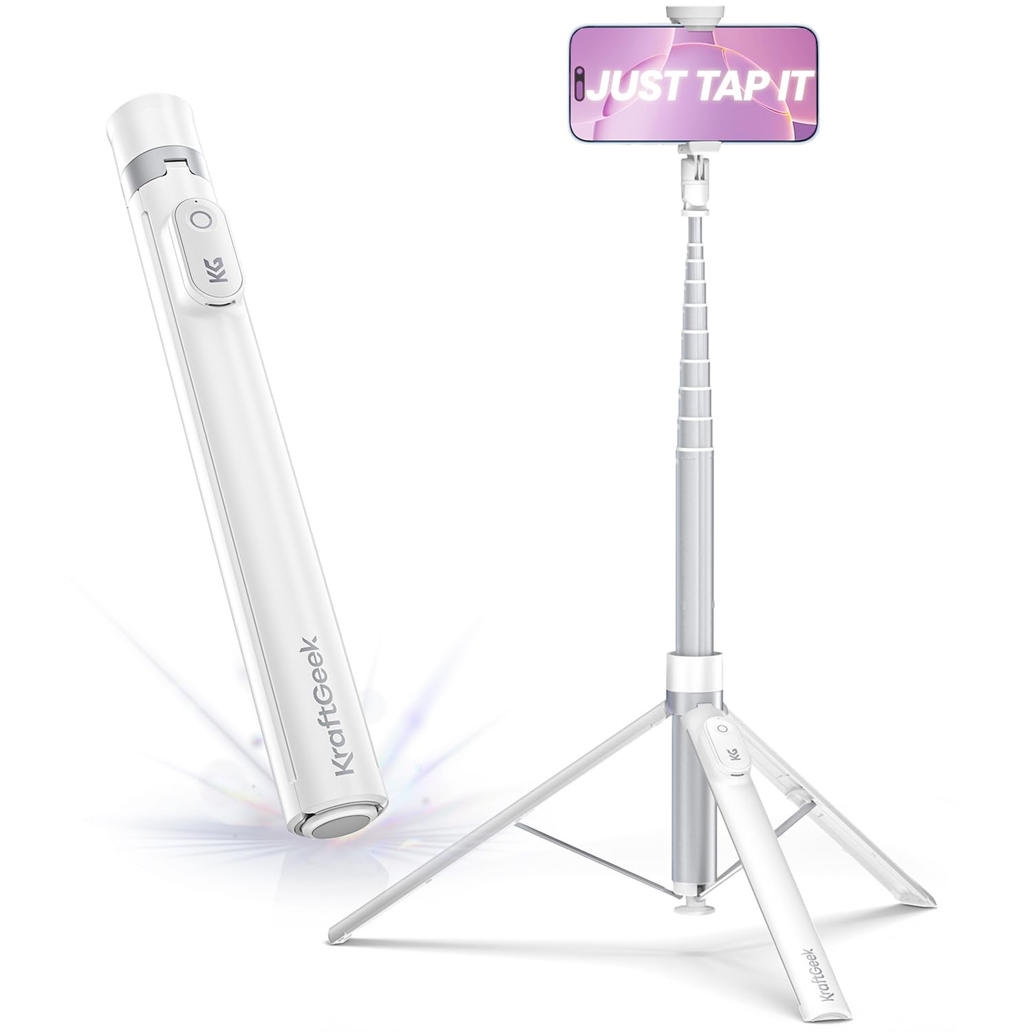 KraftGeek 66” Phone Tripod Auto Open Selfie Stick for iPhone Portable Travel Cell Phone Tripod Stand for iPhone 16 Pro Max Android White
