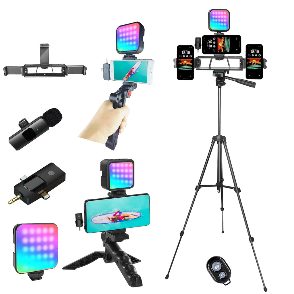 Litchitech Vlogging Kit for iPhoneVlogging Kit for Andriod PhoneVlogging Camera Kitwith Tripod 60" / Multiple Holders/RGB Light/Lavalier Mic/Remote